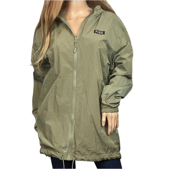 Victoria Secret PINK hooded jacket oversized lightweight minimalist green fall M - Picture 1 of 14